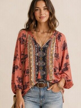 ANTHROPOLOGIE MASON & BELLE BOHO FLOWY TASSEL TIE TOP SHIRT EUC LIKE NEW! SIZE M